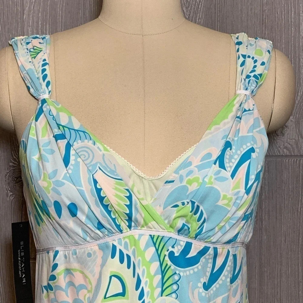 Elie Tahari Blue & Green Print Silk Dress 10 Fits like 6 NWT - Picture 2 of 7